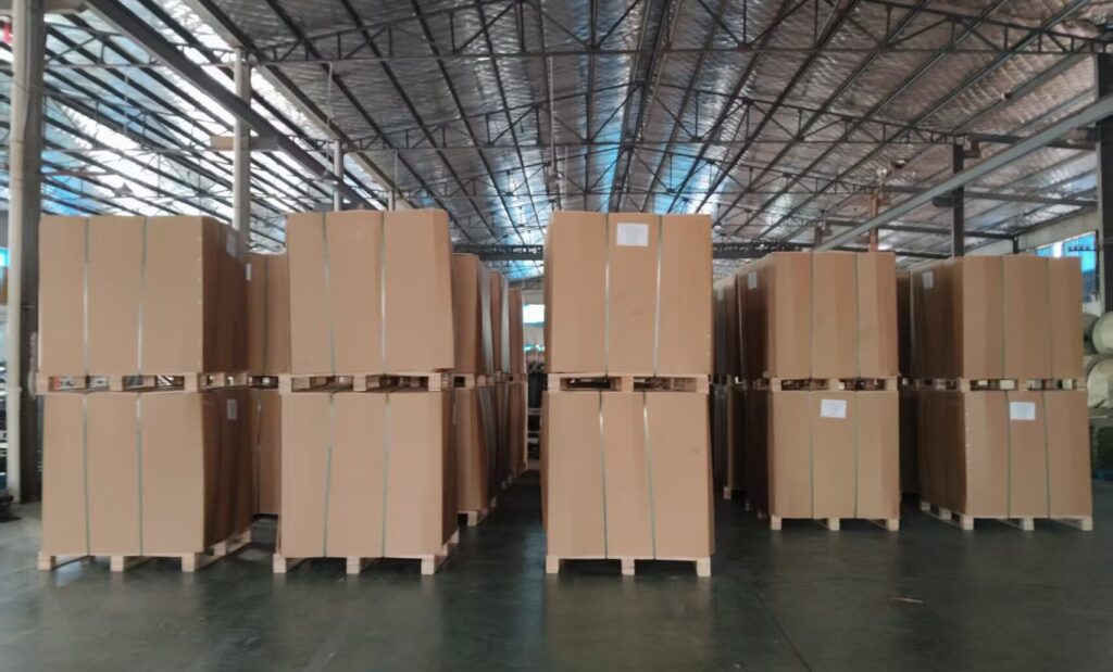 Wanlin Packaging ready-to-ship palletized finished packaging bags stacked in warehouse